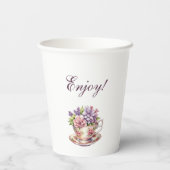 ピンクのフローラ薄紫ティーパーティーベビーガールシャワー 紙コップ (裏面)