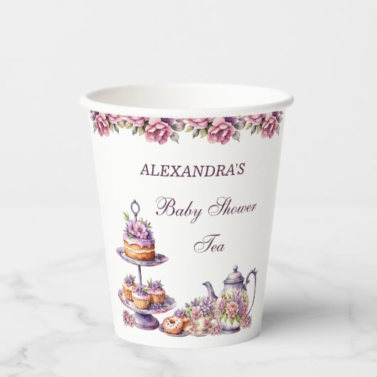 ピンクのフローラ薄紫ティーパーティーベビーガールシャワー 紙コップ (正面)