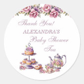 ピンクのフローラ薄紫ティーパーティー赤ちゃんシャワーの好意 ラウンドシール (正面)