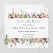 ピンクのフローラ蝶の日付を保存 招待状 (正面/裏面)