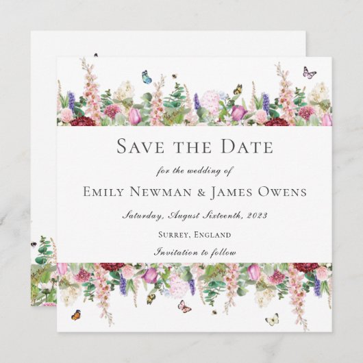 ピンクのフローラ蝶の日付を保存 招待状 (正面/裏面)