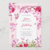ピンクのフローラ蝶の誕生日 招待状 (正面/裏面)