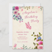 ピンクのフローラ蝶の誕生日 招待状 (正面)