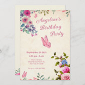 ピンクのフローラ蝶の誕生日 招待状 (正面/裏面)