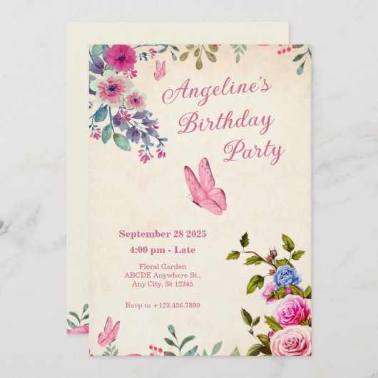 ピンクのフローラ蝶の誕生日 招待状 (正面/裏面)