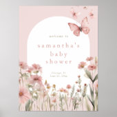 ピンクのフローラ蝶の赤ちゃんシャワー歓迎サイン ポスター (正面)