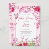 ピンクのフローラ蝶の赤ちゃんシャワー 招待状 (正面/裏面)