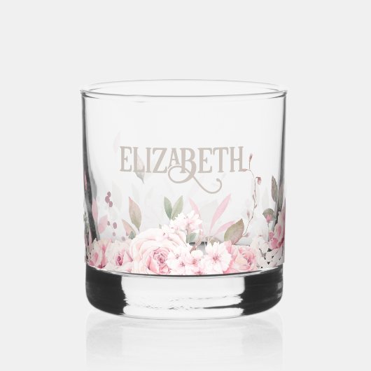 ピンクのフローラ装飾枠（名前あり） ウイスキーグラス (正面)