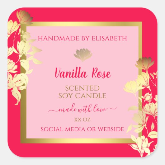 ピンクのフローラ製品パッケージングラベル金ゴールドフレーム スクエアシール (正面)