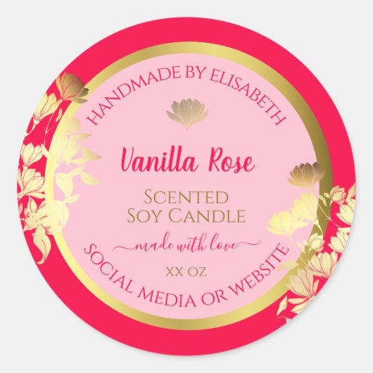 ピンクのフローラ製品パッケージングラベル金ゴールドフレーム ラウンドシール (正面)