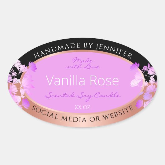 ピンクのフローラ製品ラベルブラックとバラ金ゴールド 楕円形シール (正面)