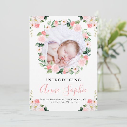 ピンクのフローラ誕生のお知らせサンキューカード 招待状 (スタンド正面)