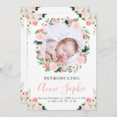 ピンクのフローラ誕生のお知らせサンキューカード 招待状 (正面/裏面)