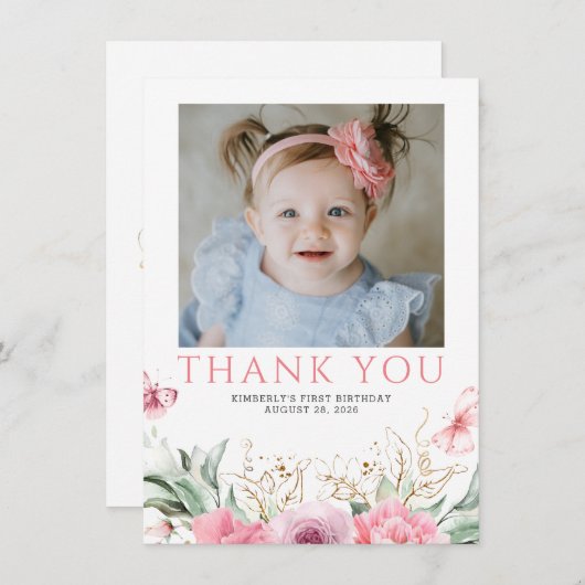 ピンクのフローラ誕生日ありがとうフォトカード サンキューカード (正面/裏面)