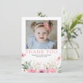 ピンクのフローラ誕生日ありがとうフォトカード サンキューカード (スタンド正面)