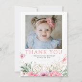 ピンクのフローラ誕生日ありがとうフォトカード サンキューカード (正面)