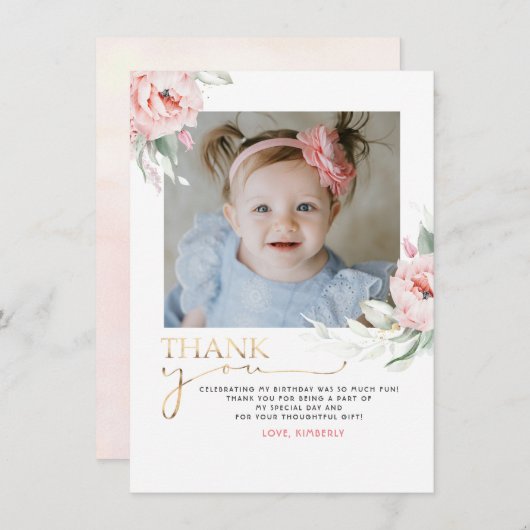 ピンクのフローラ誕生日ありがとう写真はがき サンキューカード (正面/裏面)