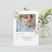 ピンクのフローラ誕生日ありがとう写真はがき サンキューカード (スタンド正面)