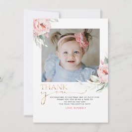 ピンクのフローラ誕生日ありがとう写真はがき サンキューカード