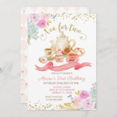 ピンクのフローラ誕生日会のお誘いのお茶 招待状 (正面/裏面)