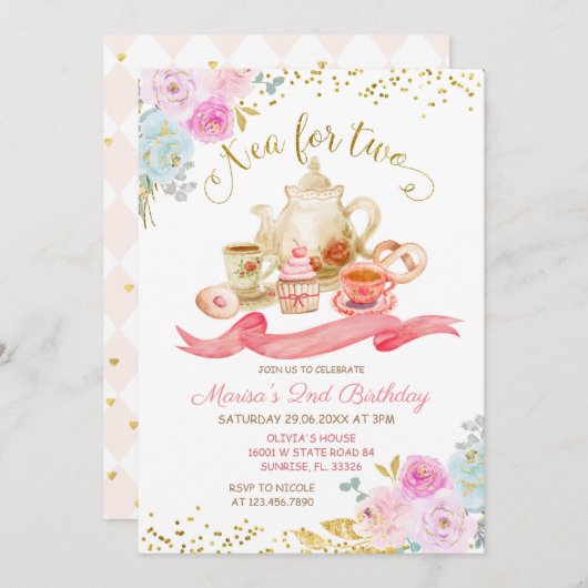 ピンクのフローラ誕生日会のお誘いのお茶 招待状 (正面/裏面)