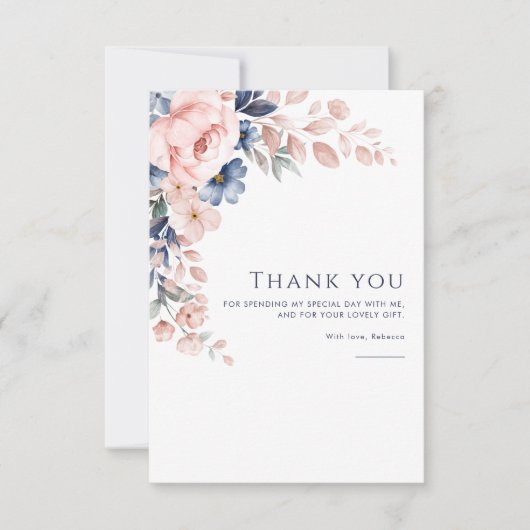 ピンクのフローラ誕生日水彩 サンキューカード (正面)