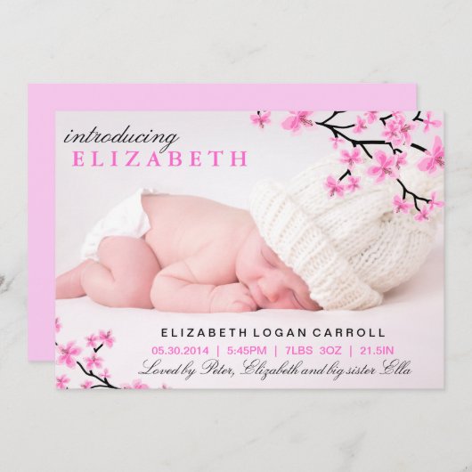 ピンクのフローラ誕生発表 案内状 (正面/裏面)