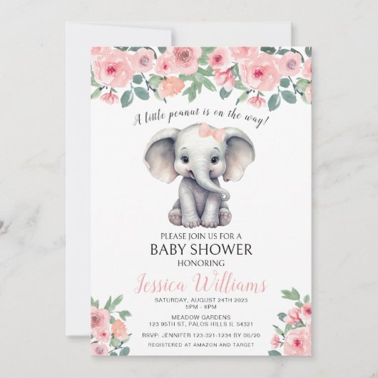 ピンクのフローラ象のベビーガールシャワーの招待状 招待状 (正面)