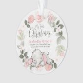 ピンクのフローラ象ガールベビー1stクリスマスフォト オーナメント (正面)