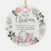ピンクのフローラ象ガールベビー1stクリスマスフォト セラミックオーナメント (正面)