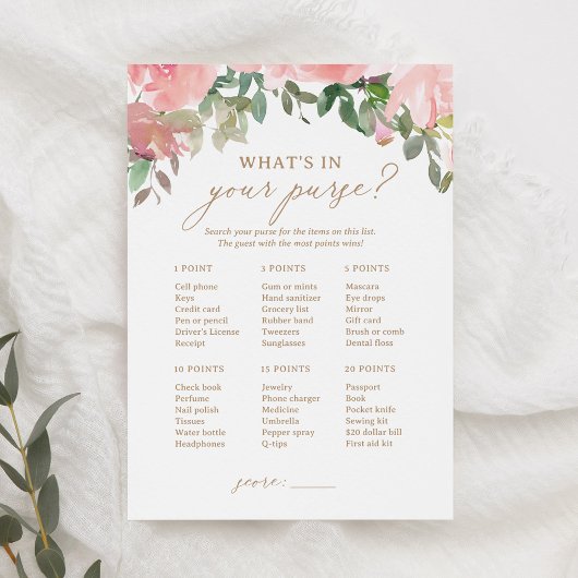 ピンクのフローラ赤ちゃんシャワーあなたの財布のゲームの中にあるものを 招待状