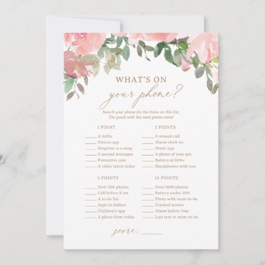 ピンクのフローラ赤ちゃんシャワーあなたの電話ゲームに何が 招待状 (正面)