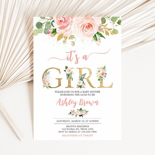 ピンクのフローラ赤ちゃんシャワー 招待状