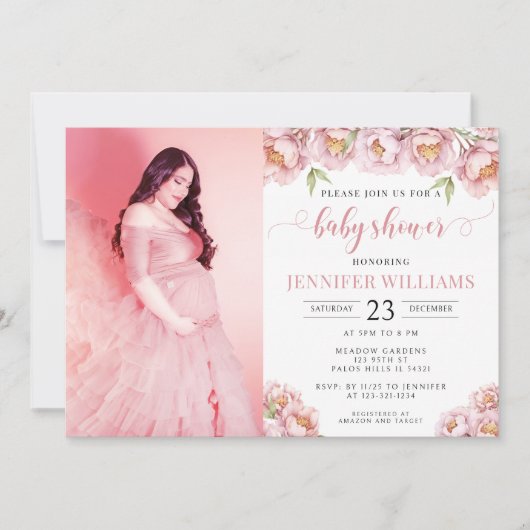 ピンクのフローラ赤ちゃん女の子のシャワーフォトカードの招待状 招待状 (正面)