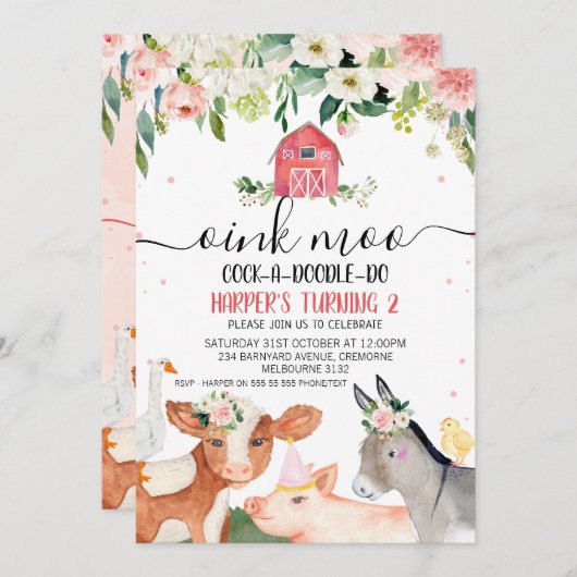 ピンクのフローラ農園動物2nd誕生日 招待状 (正面/裏面)