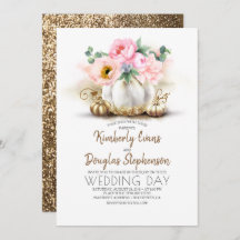 ピンクのフローラ金ゴールドとホワイトカボチャ秋の結婚式