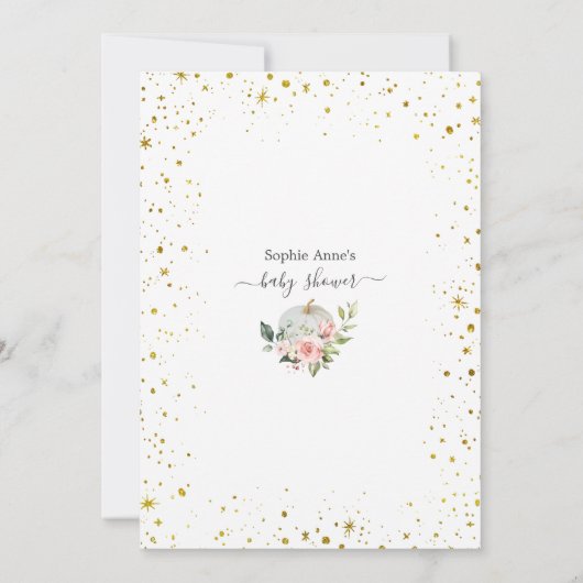 ピンクのフローラ金ゴールドカボチャ仮想ベビーシャワー 招待状 (裏面)