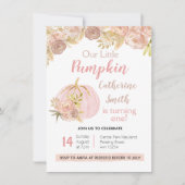 ピンクのフローラ金ゴールドカボチャ1st誕生日 招待状 (正面)