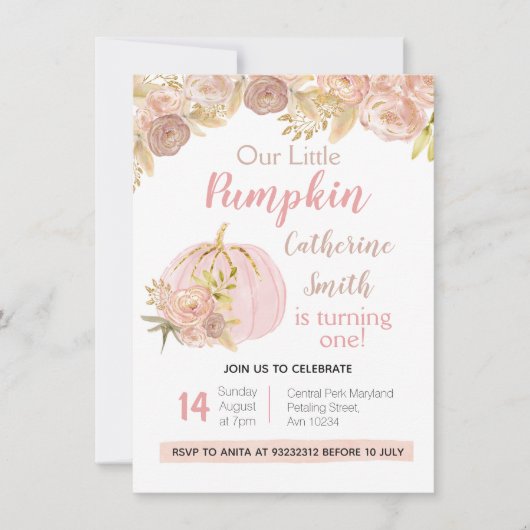 ピンクのフローラ金ゴールドカボチャ1st誕生日 招待状 (正面)