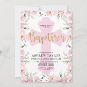 ピンクのフローラ金ゴールドクロスバプテスマの招待 招待状 (正面)