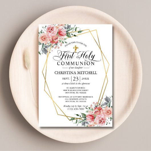 ピンクのフローラ金ゴールドクロスファースト聖体拝領ガール 招待状
