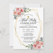 ピンクのフローラ金ゴールドクロスファースト聖体拝領ガール 招待状 (正面)