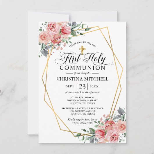 ピンクのフローラ金ゴールドクロスファースト聖体拝領ガール 招待状 (正面)