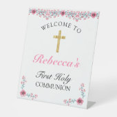ピンクのフローラ金ゴールドクロスファースト・コミュニオンウェルカム 台座サイン (正面)