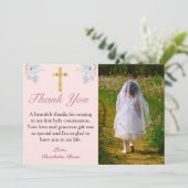 ピンクのフローラ金ゴールドクロス最初の聖餐式 サンキューカード (スタンド正面)