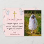 ピンクのフローラ金ゴールドクロス最初の聖餐式 サンキューカード (正面/裏面)