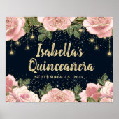 ピンクのフローラ金ゴールドグリッタースターズブラックキンセアニラ ポスター (正面)