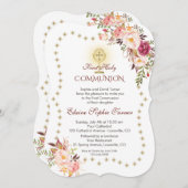 ピンクのフローラ金ゴールドグリッタースパークルズ神聖な聖餐式 招待状 (正面/裏面)