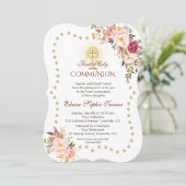 ピンクのフローラ金ゴールドグリッタースパークルズ神聖な聖餐式 招待状 (スタンド正面)
