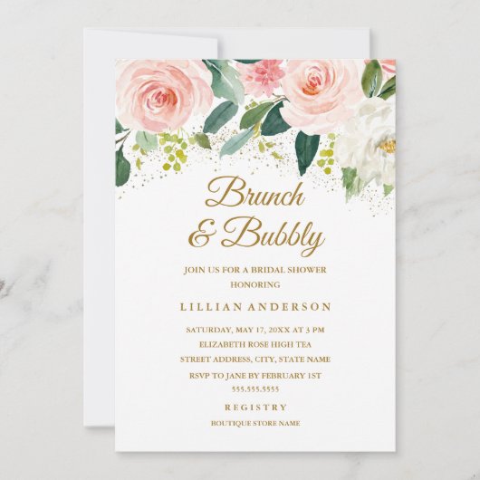 ピンクのフローラ金ゴールドグリッターブランチと泡立ち 招待状 (正面)